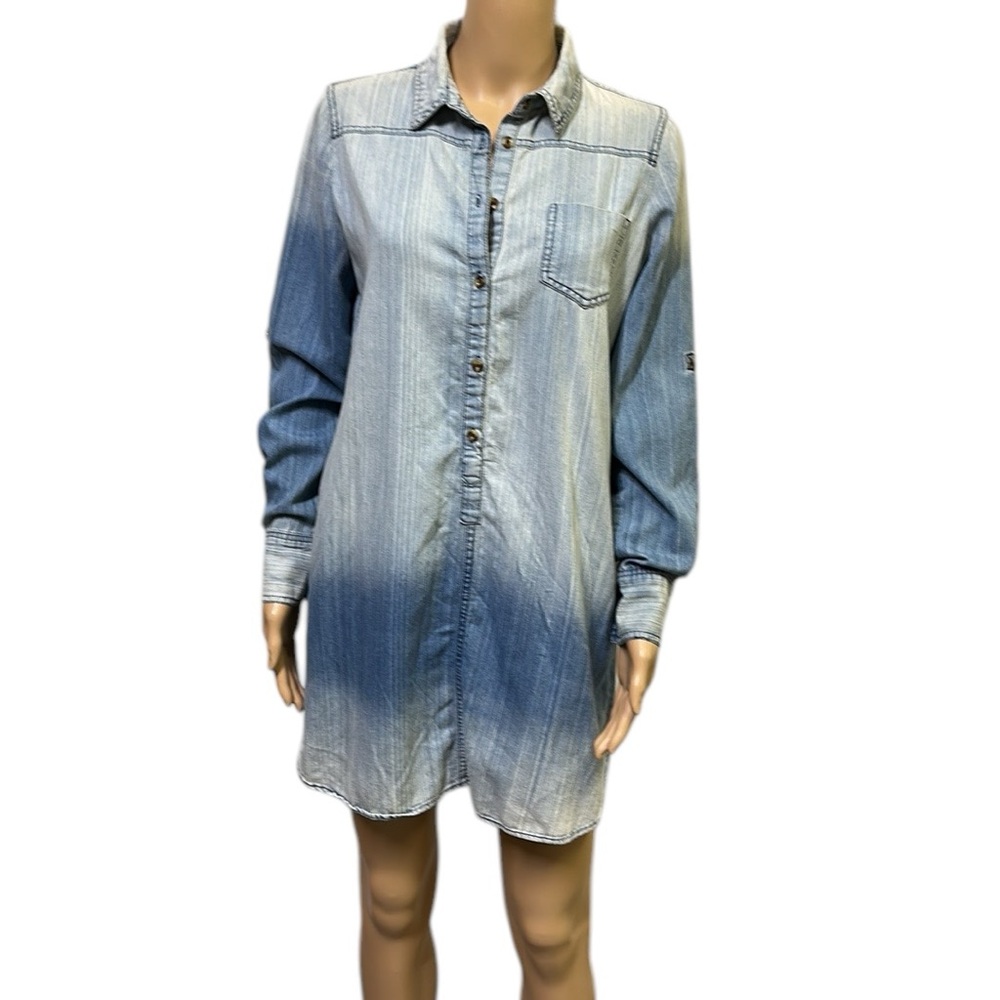 B envied Cotton Denim Button Tab Long Sleeve Tunic Pocket Shirt Mini Dress M